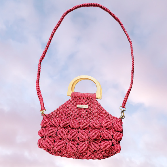 Legarda Handmade Macrame Red Boho Knit Crossbody Bag with Wooden Handles - Picture 2 of 8